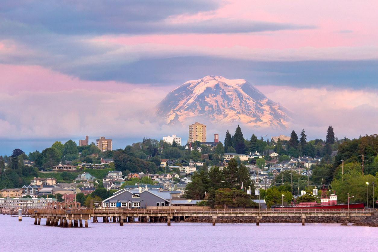Mount Rainier over Tacoma WA waterfront. Building solutions.