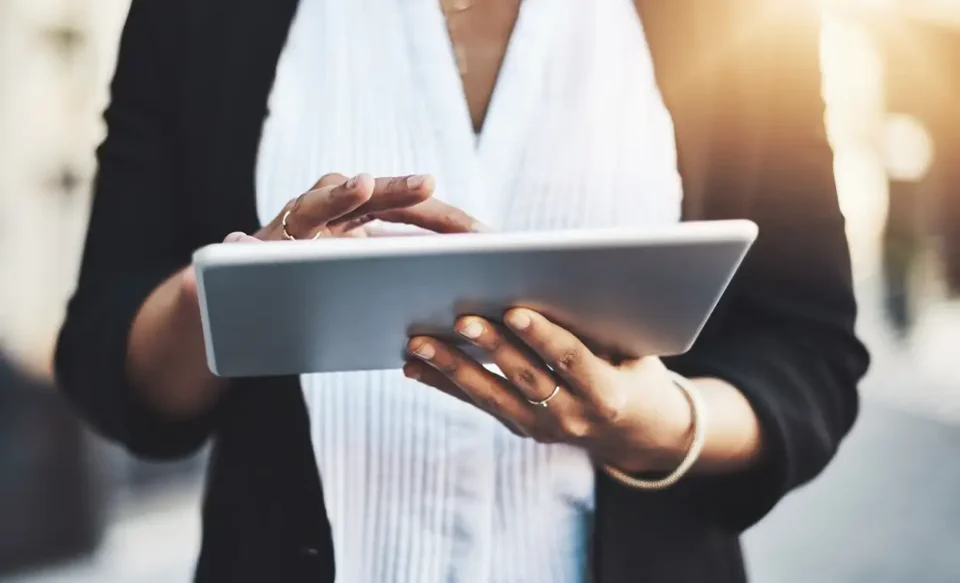 A woman on an tablet