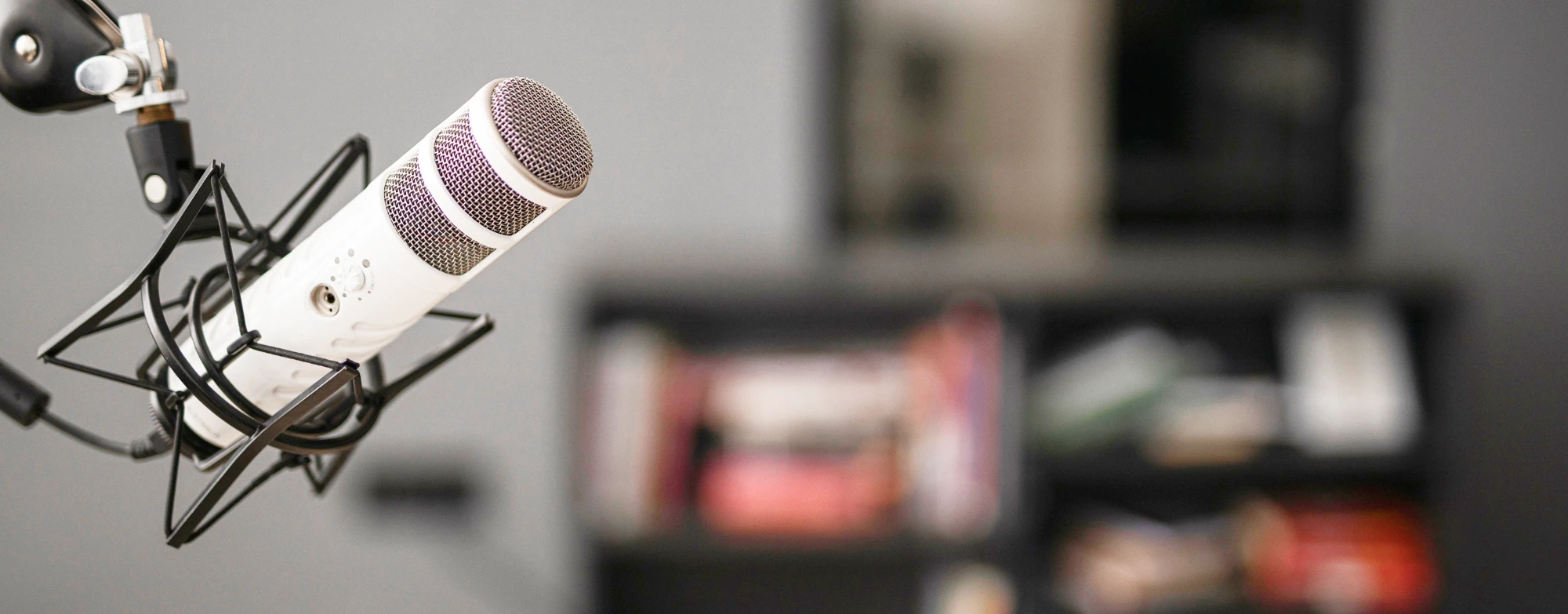 A professional microphone in a boom arm and cradle